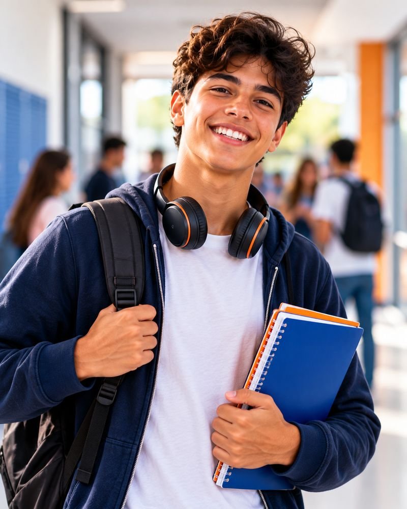 Estudante sorrindo com mochila e caderno